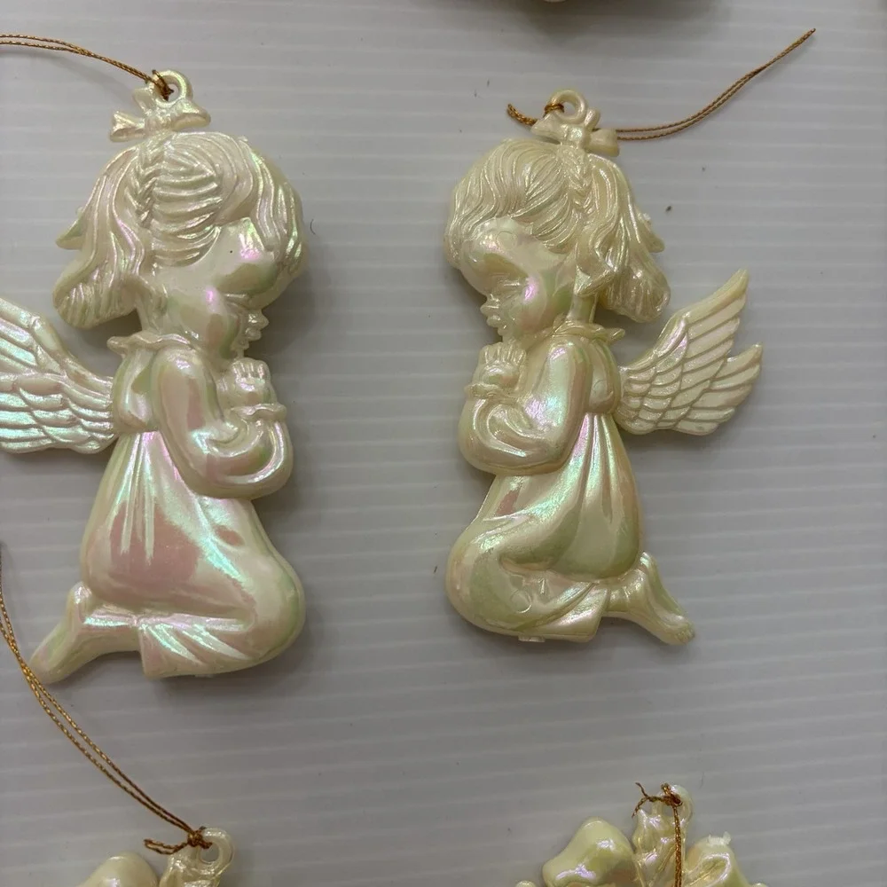 Vintage Iridescent Christmas Ornament Lot Of 7 Angels Wreaths Bells Train